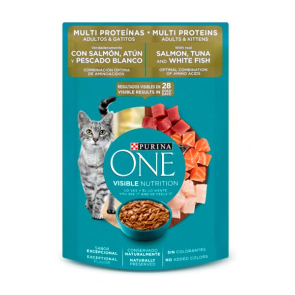 One Pouch Gato Multi Proteínas Salmón, Atún y Pescado Blanco Adulto y Gatito 85 gr